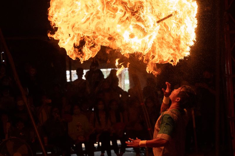 Fire breathing tricks at the Phare Battambang Circus