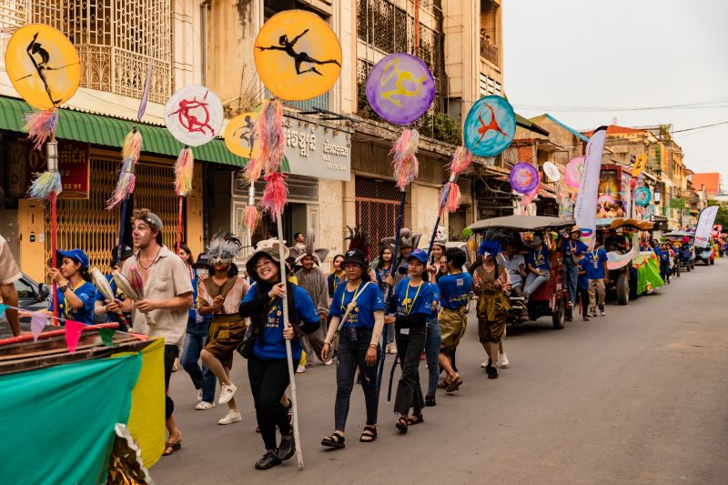 Tini Tinou circus parade in downtown Battambang, Cambodia coming in 2024