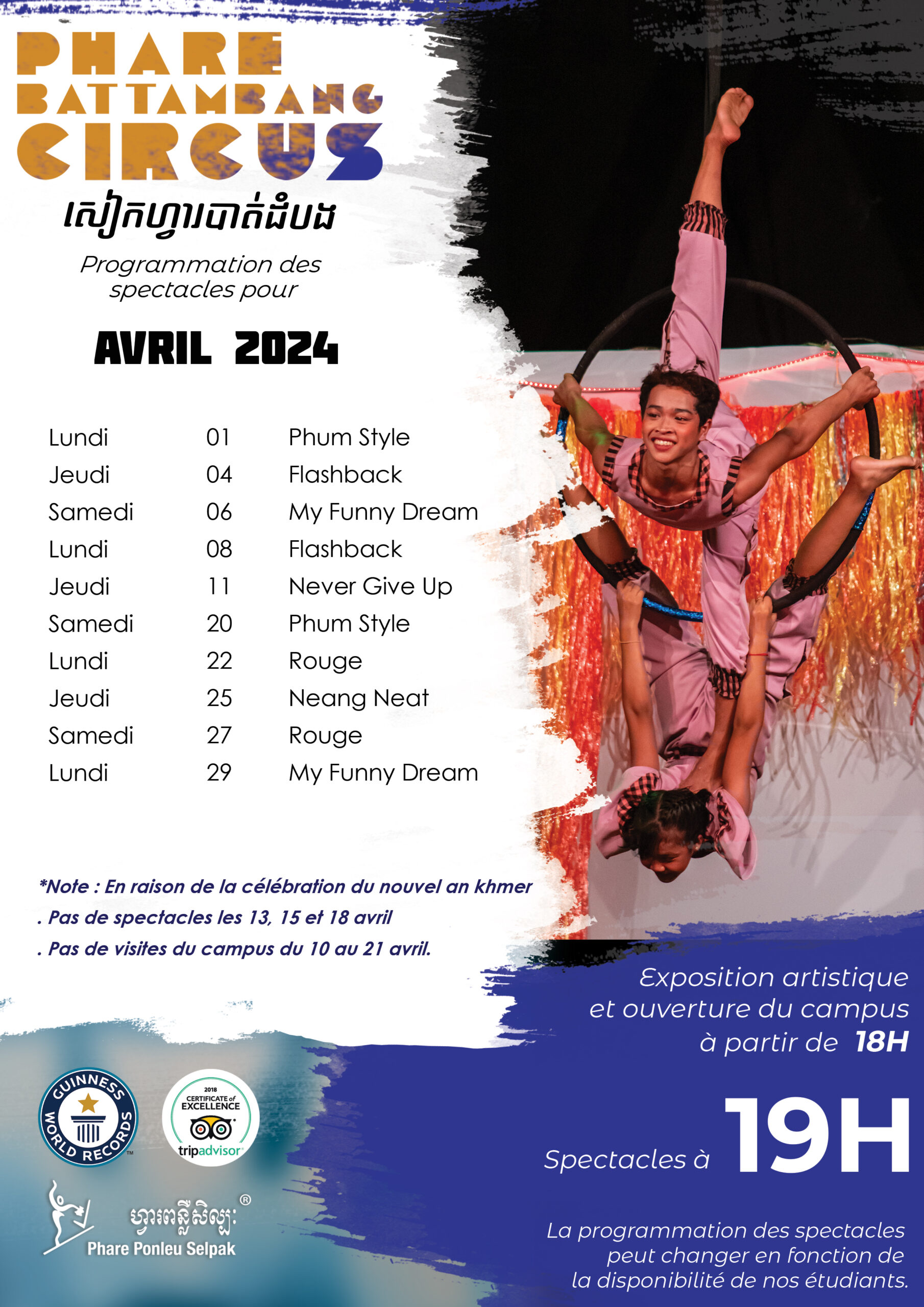 Phare Battambang Circus show schedule in Mars 2024 - français