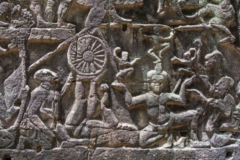Ancient temple carvings showing Cambodian circus arts